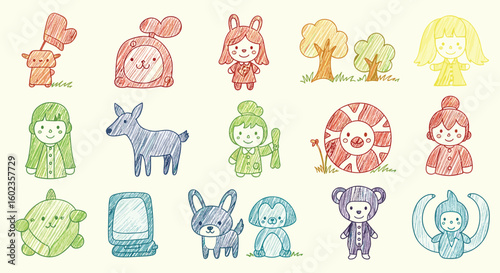 Hand drawn colorful doodles of cute characters. Childish, playful, whimsical, cartoon, illustration, whimsical, drawing, crayons, doodle, sketch