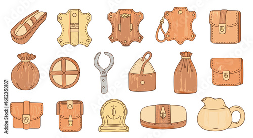 Leatherworking icons set illustration. Craft, artisan, leather, workshop, bags, pouch, purse, craftsmanship, vintage, retro, diy, handmade, art.
