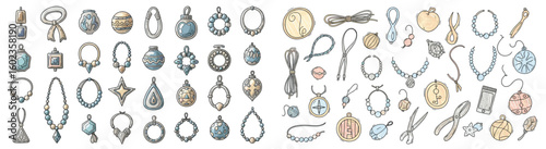 Jewelry making tools and design elements are displayed. Crafting, accessories, fashion, handmade, beads, wire, artisan, style
