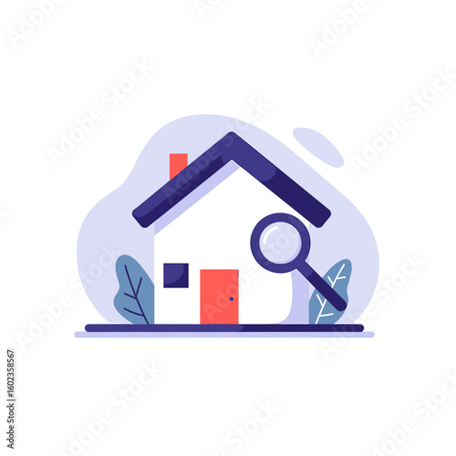 Modern house illustration with magnifying glass and greenery  