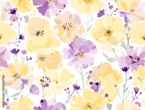 Seamless purple watercolor vector pattern showcases soft florals and leaves in varying shades of purple, providing an elegant background for artistic designs and creative works in diverse applications