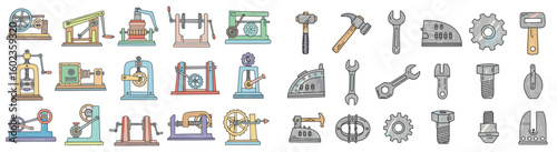 Collection of vintage industrial machines and tools. Manufacturing, mechanics, engineering, retro equipment, factory, repair, workshop, automation