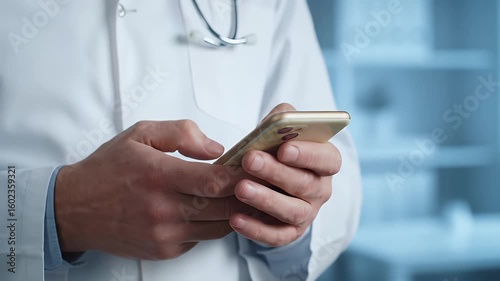 Doctors Hands Texting on Gold Mobile Phone Device Wearing White Coat and Stethoscope in Modern Blue Healthcare Setting