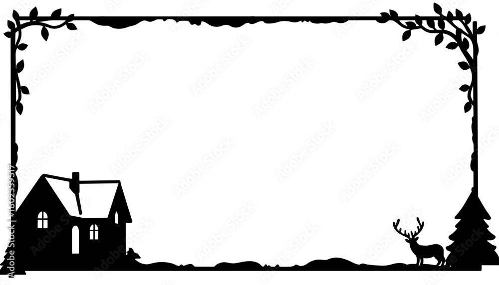 Obraz premium Silhouette of snowy cottage with reindeer, festive holiday frame, winter scene