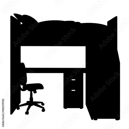 Silhouette of loft bed with desk and chair – Space optimization, room design
