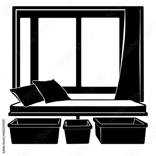 Silhouette of storage boxes under window bench – Organized living, space saving