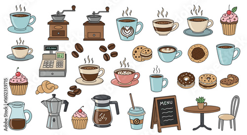 Coffee shop doodles set with drinks, food, and tools. Coffee, cafe, bakery, menu, food, drinks, sweets, coffee grinder, beans, barista, restaurant.