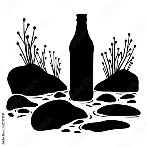 Bottle cooling in stream surrounded by rocks – Nature hydration concept