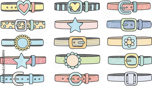 Colorful belts are shown with decorative buckles. Fashion accessory, cute, style, apparel, vibrant, girly, design, trendy, colorful, clothing, accessories, pattern.