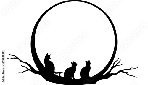 Silhouette of black cats in round frame – Halloween superstition symbol, night creature
