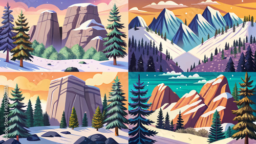 Vector cartoon of snowy set winter hills and forest in gentle snowfall, ideal for Christmas designs, hiking themes, and seasonal travel concepts collection