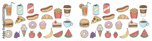 Collection of fast food and dessert drawings. Junk food, sweets, unhealthy eating, restaurant, menu, delicious, carbs, sugar.
