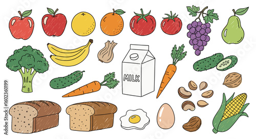 Cartoon food items assortment drawing, showing a variety of healthy products. Nutrition, health, diet, vitamins, organic, fresh, fruits, vegetables, protein, fiber