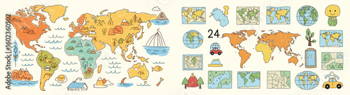 World map illustration, with icons and drawings. Geography, continents, earth, globe, travel, countries, education, cartoon.
