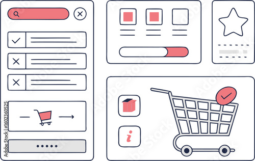 Digital interface elements for online shopping and e commerce featuring search lists and a shopping cart with a confirmation checkmark