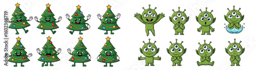 Christmas trees and aliens celebrate. Cartoons characters, holiday fun, xmas joy, festive creatures, cheerful spirits, whimsical design, extraterrestrial celebration.