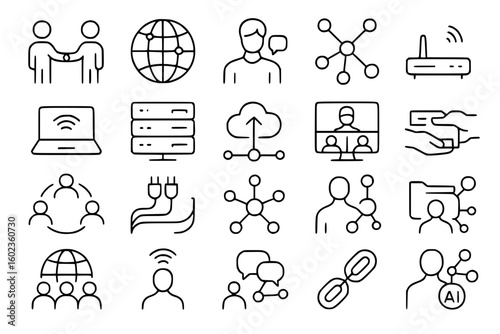 Network Connection Technology Icon Set - Communication Internet WiFi Cloud Server Social Media Digital Connectivity Vector Line Art Icons for Tech App UI Design