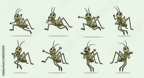 Grasshoppers cheerfully hopping, cartoon animation style. Insects, fun, joyful, happy, spring, nature, ecology, wildlife, characters, cheerful.