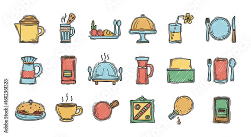 Kitchenware doodles, restaurant icons set. Cooking utensils, menu, food, dining, cuisine, culinary, drawing, hand drawn, illustration, vector