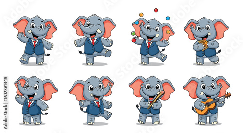 Cartoon elephants play music, juggle, and dance. Playful animals wearing suits. Cute illustration, cheerful, happy, fun, playful, musician, juggling.