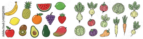 Colorful fruit and vegetable illustrations. Healthy eating, food, fresh produce, drawing, nutrition, diet, vegetarian, organic, agriculture, plant-based