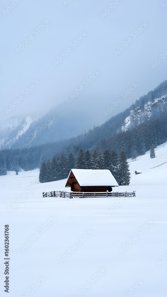 Naklejka premium Cozy Wooden Cabin in Snowy Winter Landscape with Mountain Forest