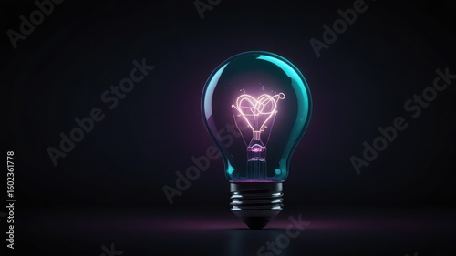 A glowing heart-shaped filament illuminates inside a lightbulb against a dark background.