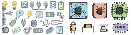 Doodle set of electronics and energy components. Electric power, circuit, battery, plug, resistor, technology, innovation.