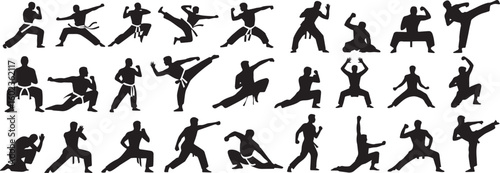 Silhouetted figures demonstrating various martial arts stances and moves