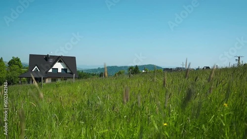 Peaceful rural landscape with a modern house surrounded by a lush green field under a clear blue sky. Captures the beauty of countryside living, nature, and serene summer vibes. Ideal for real estate