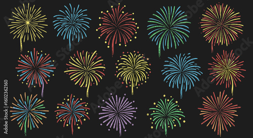 Colorful fireworks against a dark background. Celebratory event, festival, party, celebration, explosion, pyrotechnics, display, abstract, bright, festive.