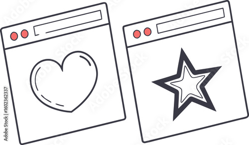 Two stylized browser windows displayed side by side one featuring a heart icon and the other a star icon representing user preferences or ratings