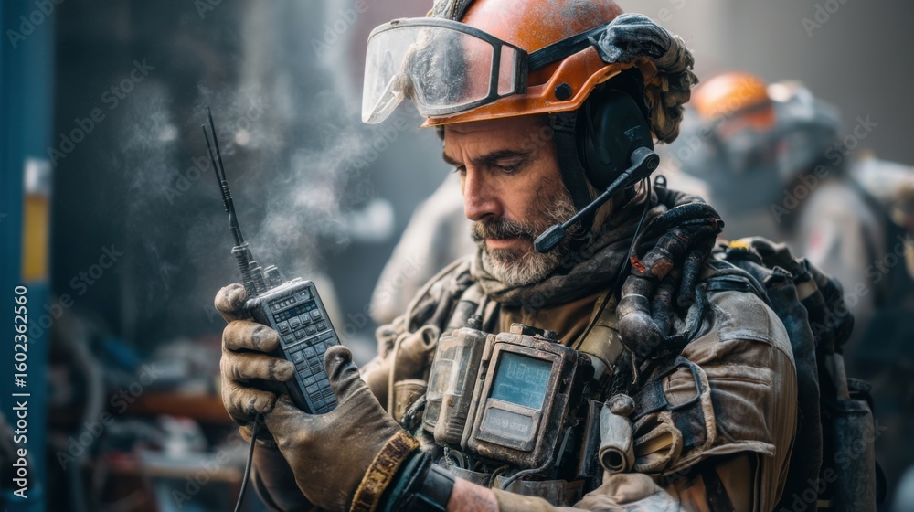 Fototapeta premium Focused First Responder Using Radio During Emergency Rescue Operation