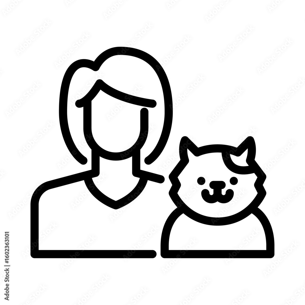 Obraz premium Girl with a cat pet outline icon. Girl with a kitten pet black line illustration. 