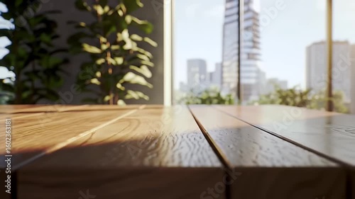 Wallpaper Mural Close Up of Wood Grain Table Top with Potted Plants and Urban Building View in Background Under Bright Indoor Daylight Torontodigital.ca