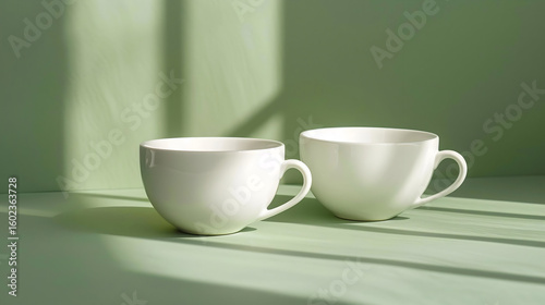 Wallpaper Mural A blank white ceramic tea set on a gradient sage green background with soft shadows leaving the right side blank for text overlay spa-inspired branding design  Torontodigital.ca