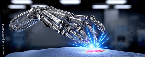A robotic arm delicately performs a laser surgery, highlighting futuristic medical advancements.