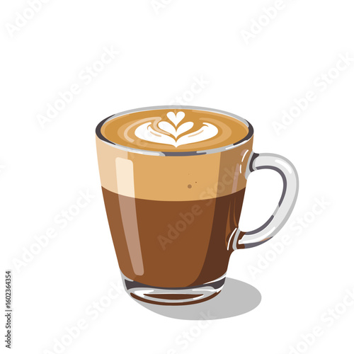 Glass cup of macchiato coffee with heart latte art design  