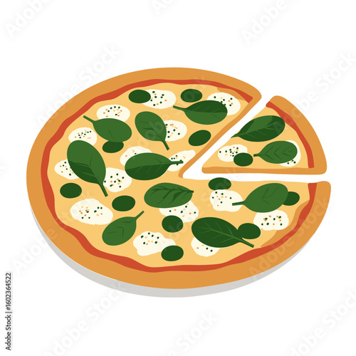 Pizza with spinach and ricotta cheese on a white background  