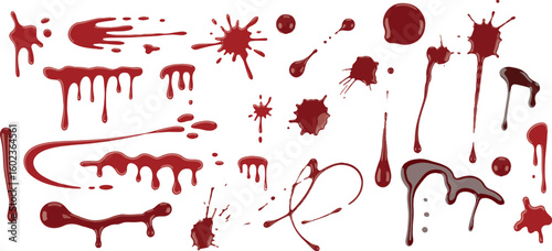 Collection of various blood splatters and drips isolated on white background