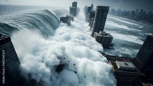 A giant tsunami tidal wave surges violently toward the coastal city and hits into all the buildings in its path