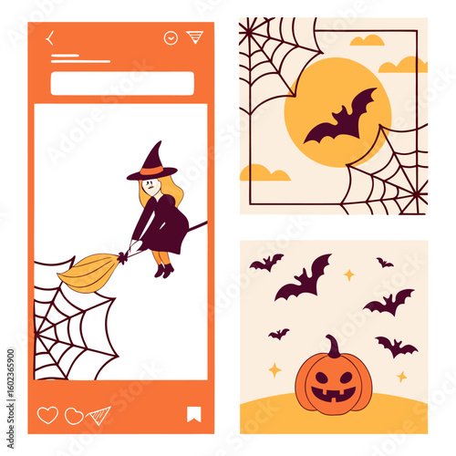 Whimsical halloween social media post featuring a witch on a broomstick bats a jack o lantern and a full moon with spiderwebs