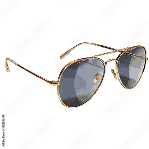 New Vintage sunglasses, gold frame and dark lenses isolated on a transparent background,