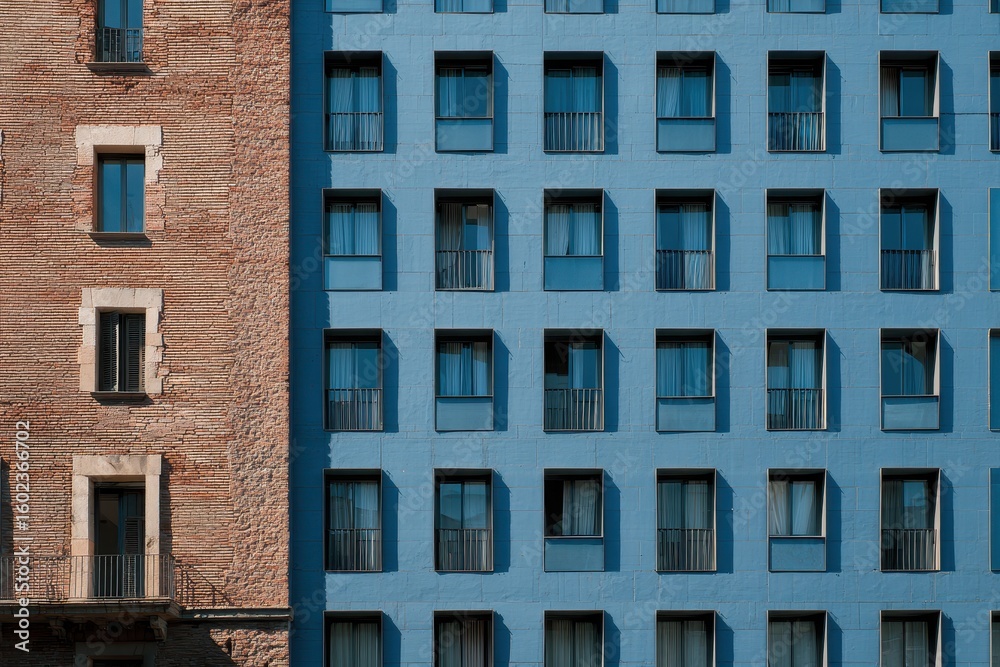Obraz premium A modern building in Barcelona showcases architectural diversity with its blue windows contrasting sharply against a nearby brick structure
