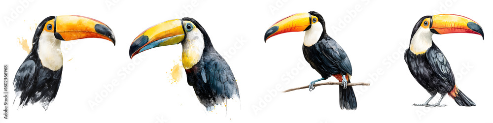 Naklejka premium Watercolor Toucan Bird Set: Tropical Exotic Birds Isolated on White Background