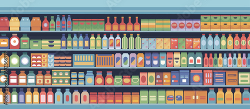 A colorful illustration of a well stocked supermarket aisle with many products