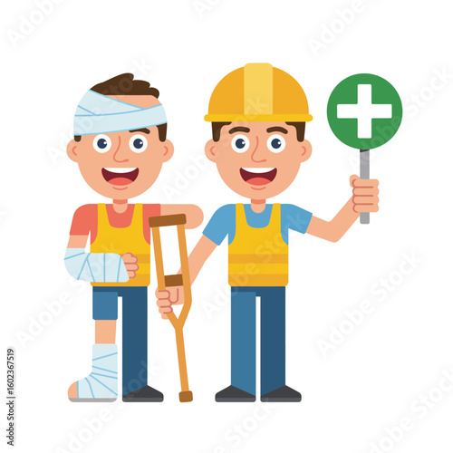 Injured worker and safety officer with first aid sign