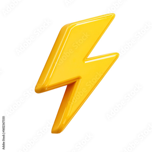 Yellow lightning bolt icon 3D design energy power speed electricity flash, isolated on transparent background, perfect cutout, PNG