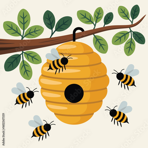 Bees buzzing around a honeycomb hanging from a tree branch