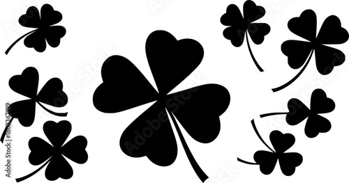 set of A black and white silhouette of a three leaf clover
. on white background
